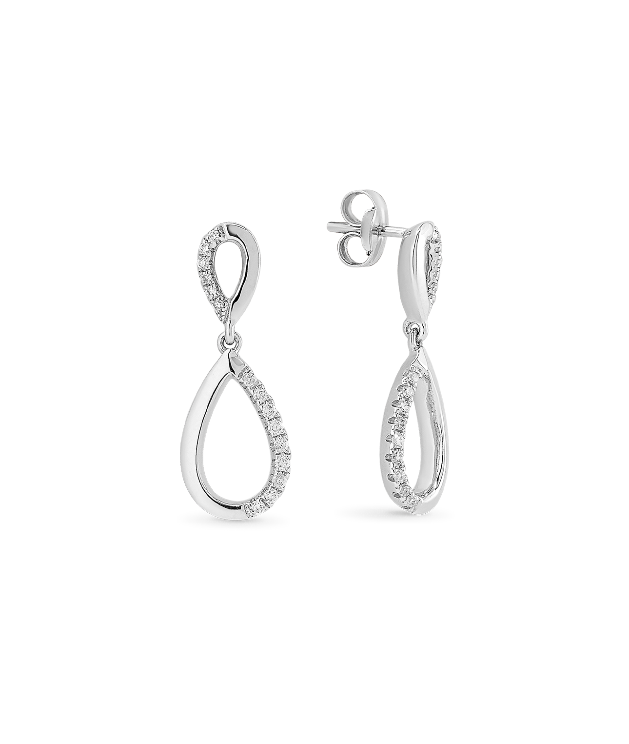 Pendientes lágrima oro blanco 18 quilates con diamantes en talla brillante 0.12 quilates MUSHEMÚ de Joyería Torrico: presentación en escorzo